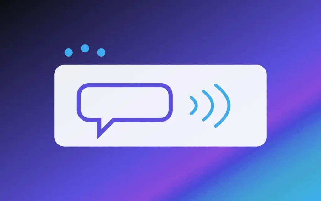A speech bubble with sound waves trailing off, on a violet gradient