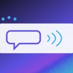 A speech bubble with sound waves trailing off, on a violet gradient