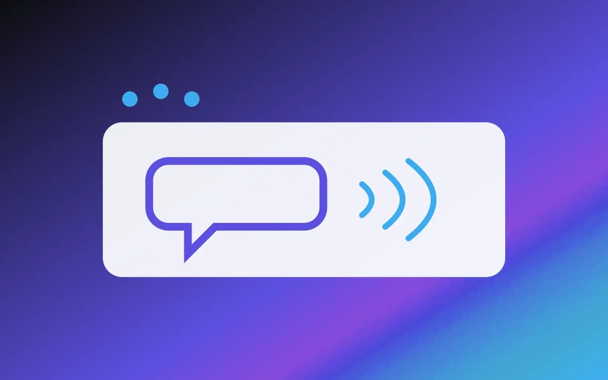 A speech bubble with sound waves trailing off, on a violet gradient